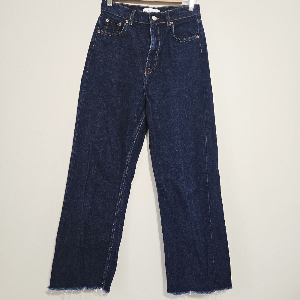 ZARA Womens High Rise Wide Leg Jeans Dark Wash Raw Hem Size 4